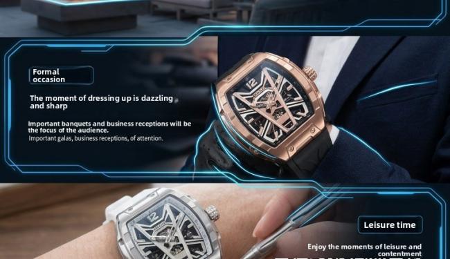 Oblvlo HollowâSeries Menâs TonneauâCase Quartz Watch, Soft SiliconeâBand Wrist Watch