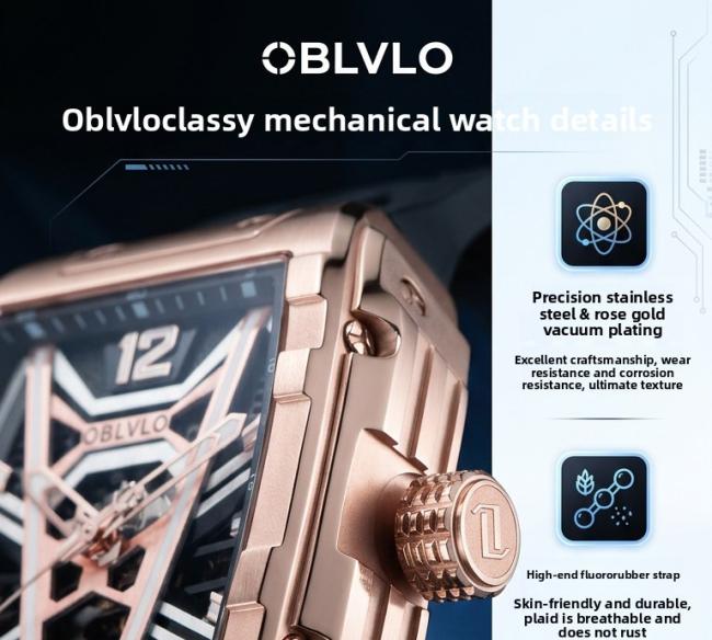 Oblvlo HollowâSeries Menâs TonneauâCase Quartz Watch, Soft SiliconeâBand Wrist Watch