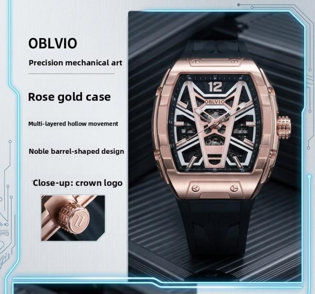 Oblvlo HollowâSeries Menâs TonneauâCase Quartz Watch, Soft SiliconeâBand Wrist Watch