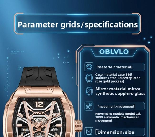 Oblvlo HollowâSeries Menâs TonneauâCase Quartz Watch, Soft SiliconeâBand Wrist Watch