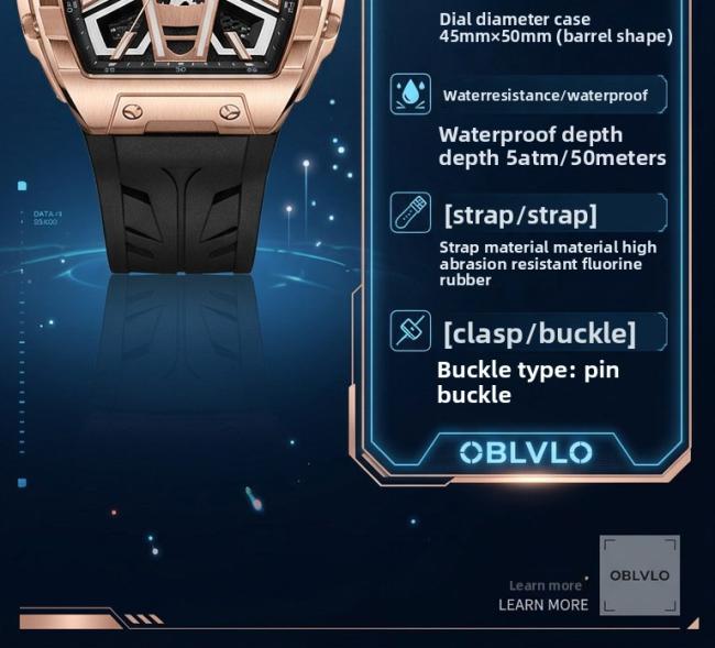 Oblvlo HollowâSeries Menâs TonneauâCase Quartz Watch, Soft SiliconeâBand Wrist Watch