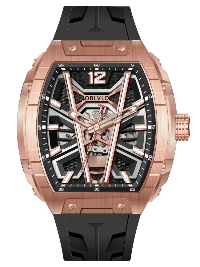 Oblvlo HollowâSeries Menâs TonneauâCase Quartz Watch, Soft SiliconeâBand Wrist Watch