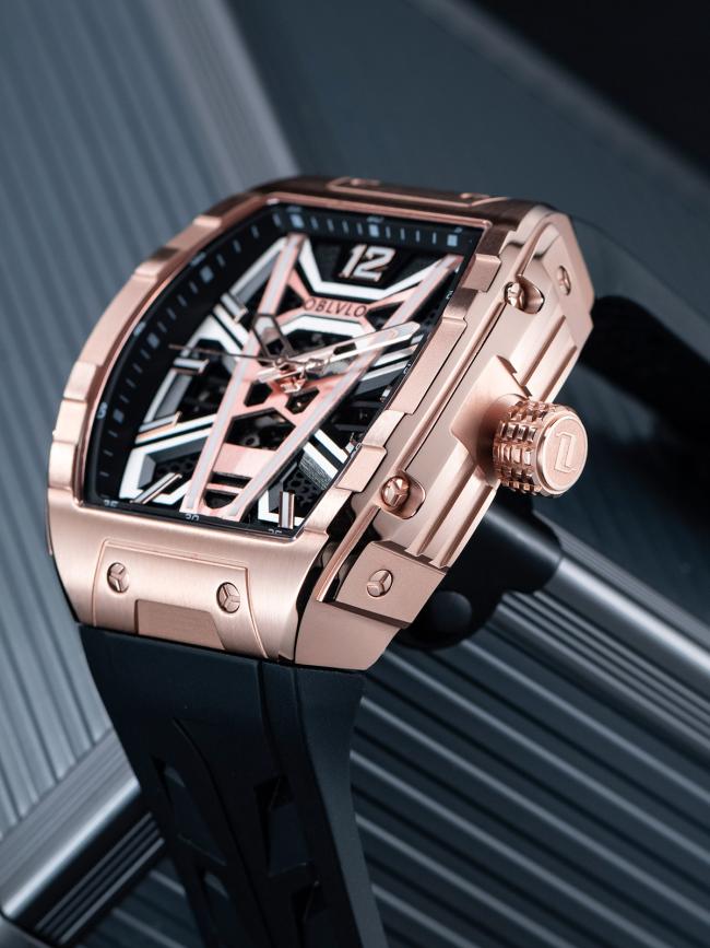 Oblvlo HollowâSeries Menâs TonneauâCase Quartz Watch, Soft SiliconeâBand Wrist Watch