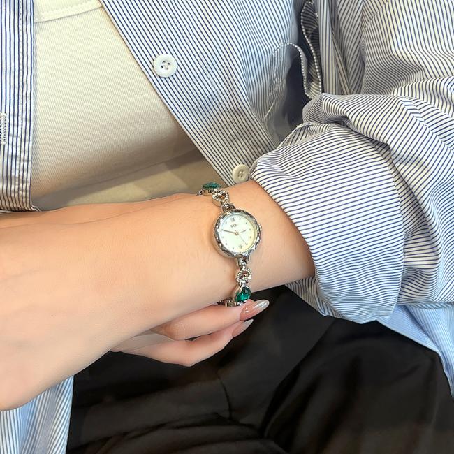 Luxury Colorful Gemstone Thin Chain Ladies Wrist Watch Full Rhinestone Bezel Quartz Watch Elegant Metal Bracelet Wristwatch For Women Daily Party Gift 3 Colors