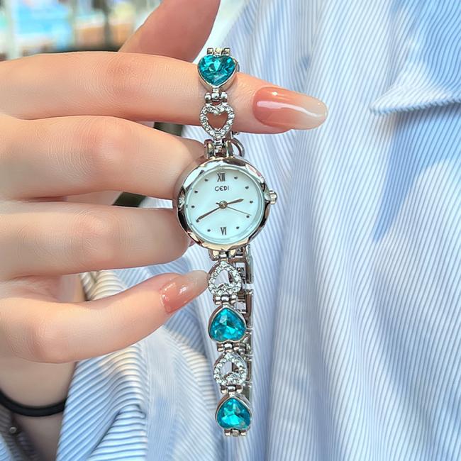 Luxury Colorful Gemstone Thin Chain Ladies Wrist Watch Full Rhinestone Bezel Quartz Watch Elegant Metal Bracelet Wristwatch For Women Daily Party Gift 3 Colors