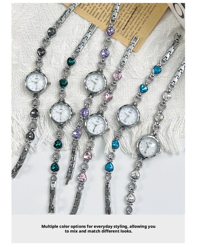 Luxury Colorful Gemstone Thin Chain Ladies Wrist Watch Full Rhinestone Bezel Quartz Watch Elegant Metal Bracelet Wristwatch For Women Daily Party Gift 3 Colors
