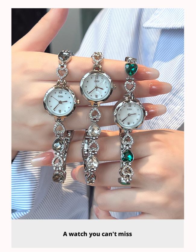 Luxury Colorful Gemstone Thin Chain Ladies Wrist Watch Full Rhinestone Bezel Quartz Watch Elegant Metal Bracelet Wristwatch For Women Daily Party Gift 3 Colors