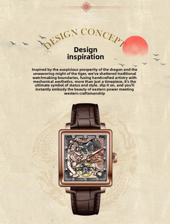 Men’s Tonneau‑Shape Hollow‑Dial Quartz Watch, Dragon‑Pattern Genuine‑Leather Business Wrist Watch