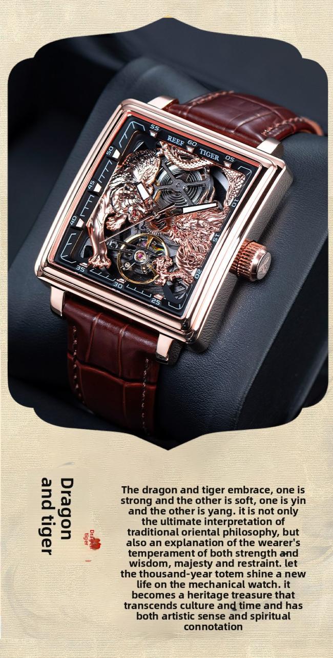 Men’s Tonneau‑Shape Hollow‑Dial Quartz Watch, Dragon‑Pattern Genuine‑Leather Business Wrist Watch