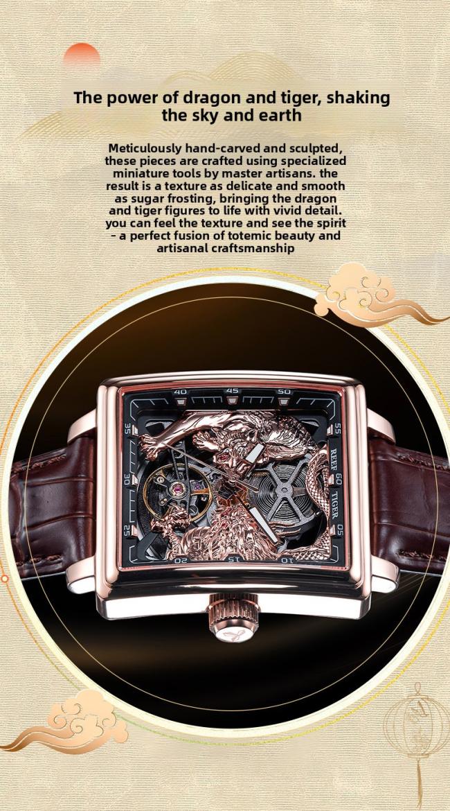 Men’s Tonneau‑Shape Hollow‑Dial Quartz Watch, Dragon‑Pattern Genuine‑Leather Business Wrist Watch