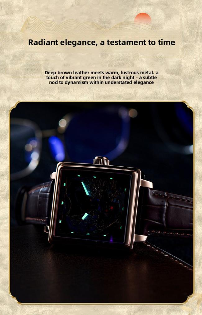 Men’s Tonneau‑Shape Hollow‑Dial Quartz Watch, Dragon‑Pattern Genuine‑Leather Business Wrist Watch