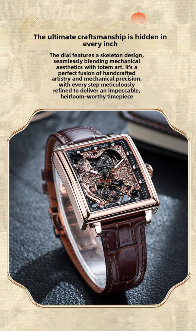 Men’s Tonneau‑Shape Hollow‑Dial Quartz Watch, Dragon‑Pattern Genuine‑Leather Business Wrist Watch