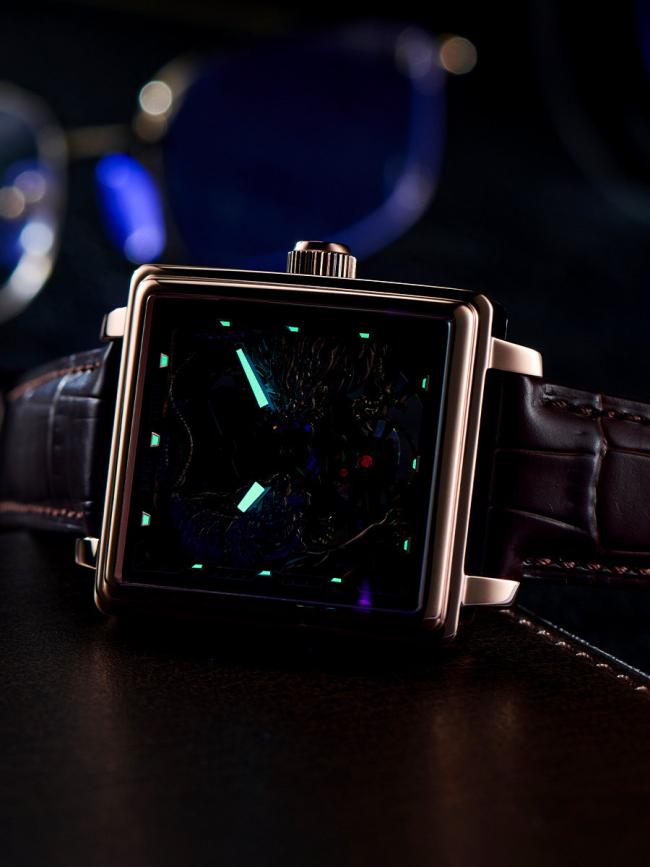 Men’s Tonneau‑Shape Hollow‑Dial Quartz Watch, Dragon‑Pattern Genuine‑Leather Business Wrist Watch