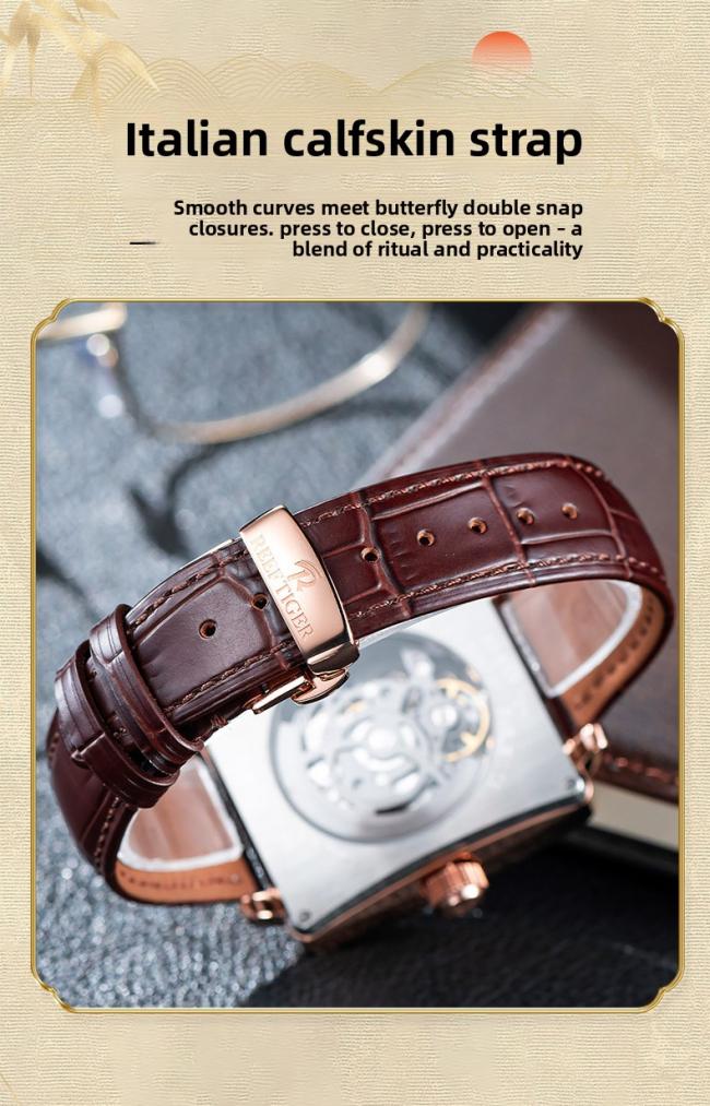 Men’s Tonneau‑Shape Hollow‑Dial Quartz Watch, Dragon‑Pattern Genuine‑Leather Business Wrist Watch