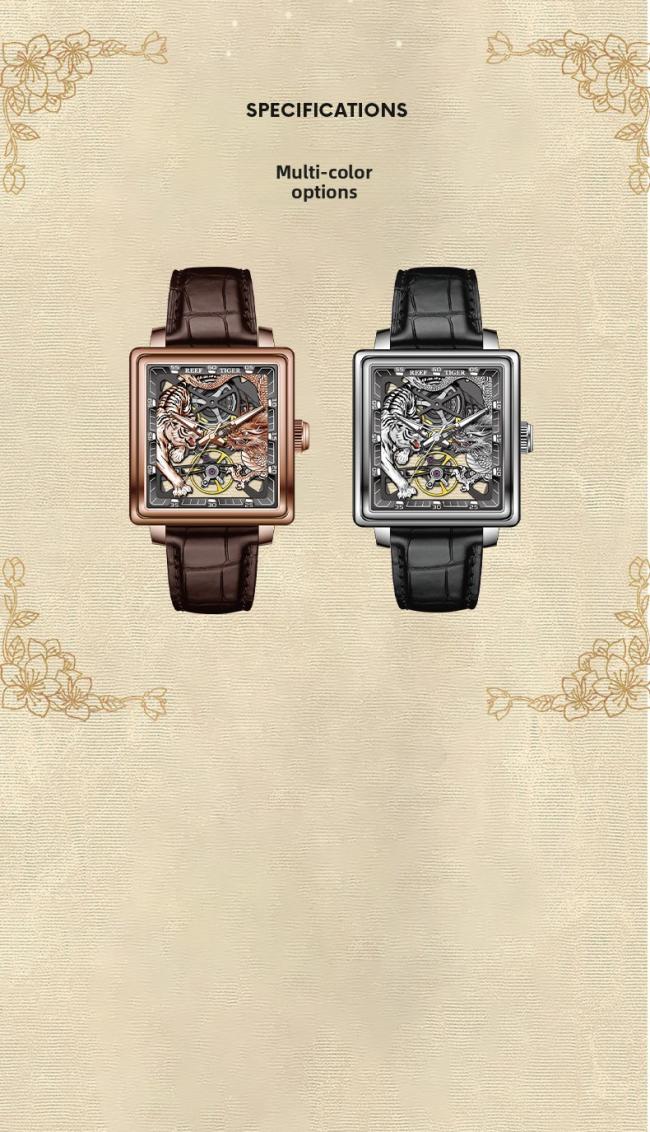 Men’s Tonneau‑Shape Hollow‑Dial Quartz Watch, Dragon‑Pattern Genuine‑Leather Business Wrist Watch
