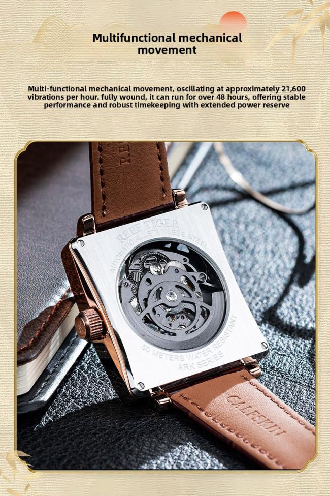 Men’s Tonneau‑Shape Hollow‑Dial Quartz Watch, Dragon‑Pattern Genuine‑Leather Business Wrist Watch