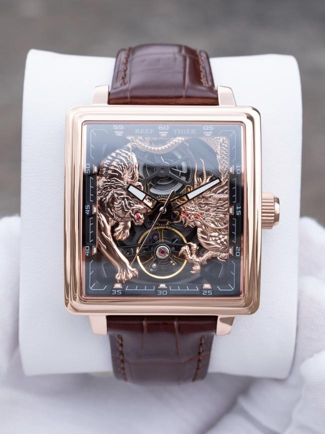 Men’s Tonneau‑Shape Hollow‑Dial Quartz Watch, Dragon‑Pattern Genuine‑Leather Business Wrist Watch