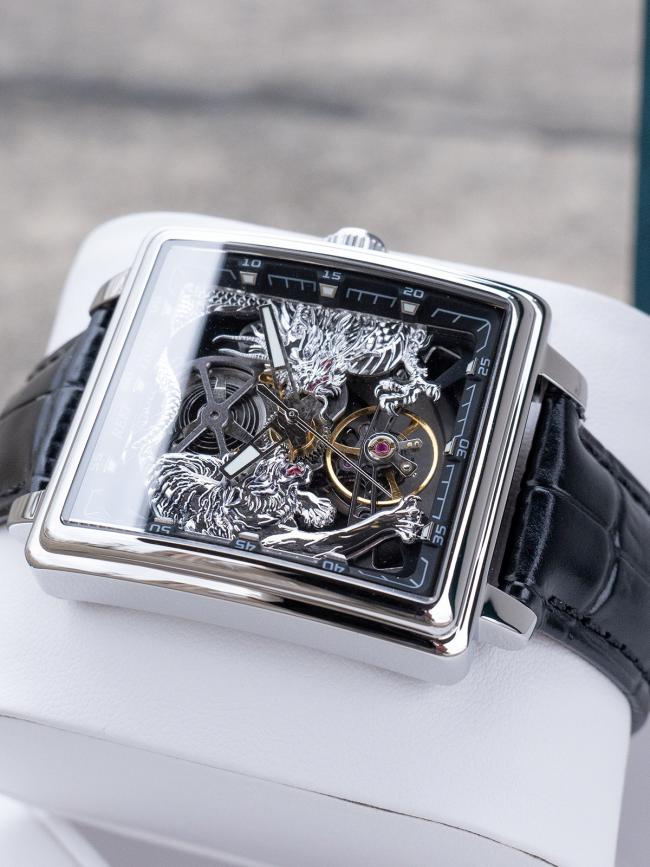 Men’s Tonneau‑Shape Hollow‑Dial Quartz Watch, Dragon‑Pattern Genuine‑Leather Business Wrist Watch