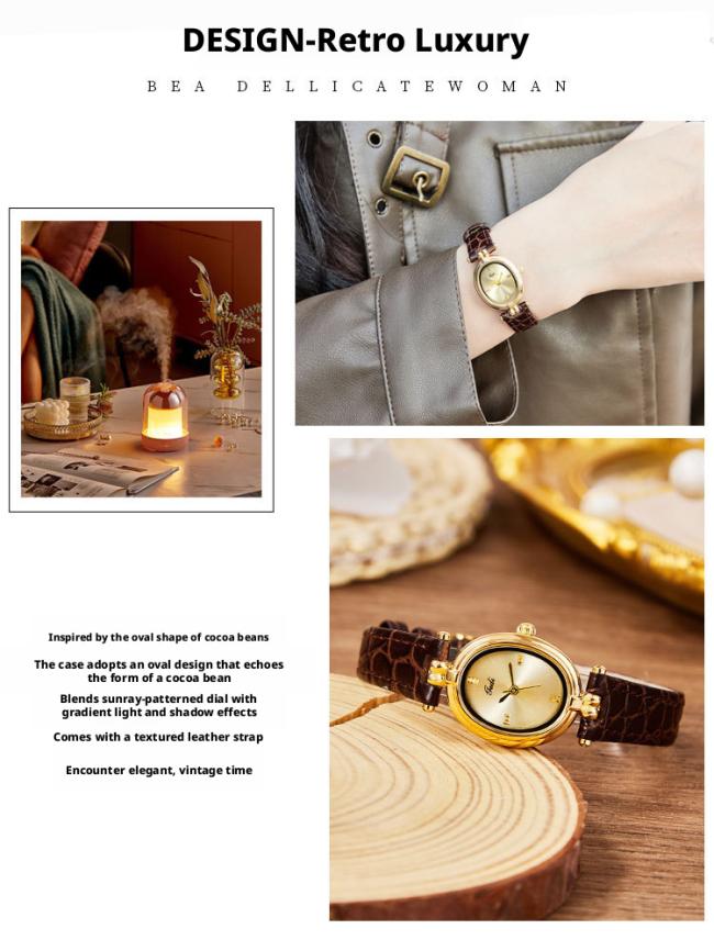 Vintage Sun Texture Round Gold Dial Women Quartz Watch Soft Black Leather Strap Slim Elegant Business Wristwatch Ladies Luxury Daily Jewelry Watch