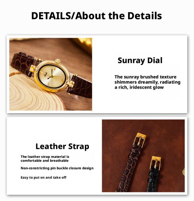 Vintage Sun Texture Round Gold Dial Women Quartz Watch Soft Black Leather Strap Slim Elegant Business Wristwatch Ladies Luxury Daily Jewelry Watch