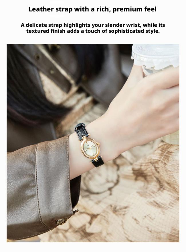 Vintage Sun Texture Round Gold Dial Women Quartz Watch Soft Black Leather Strap Slim Elegant Business Wristwatch Ladies Luxury Daily Jewelry Watch