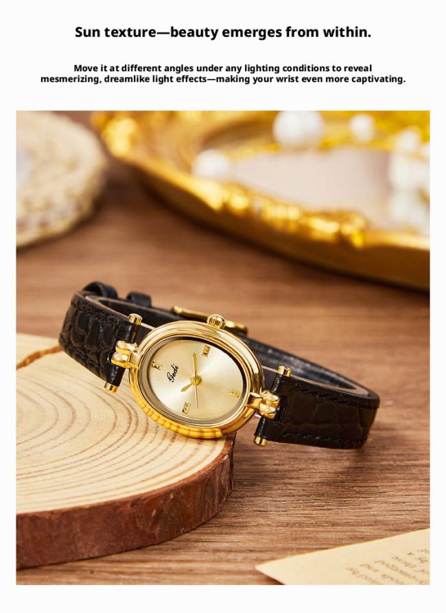 Vintage Sun Texture Round Gold Dial Women Quartz Watch Soft Black Leather Strap Slim Elegant Business Wristwatch Ladies Luxury Daily Jewelry Watch