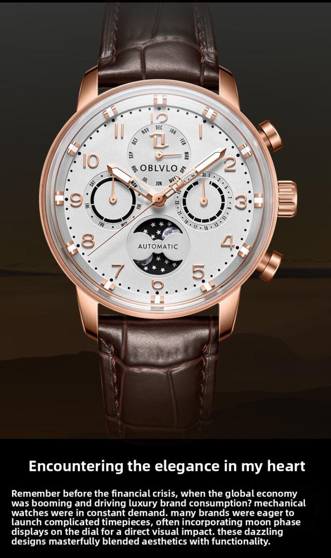 Men’s Round‑Case Chronograph Quartz Watch, Genuine‑Leather Band Business Wrist Watch