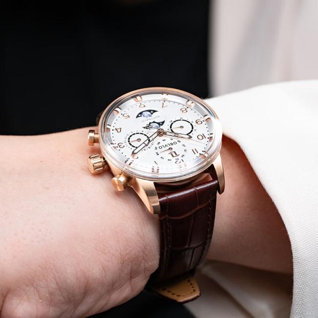 Men’s Round‑Case Chronograph Quartz Watch, Genuine‑Leather Band Business Wrist Watch
