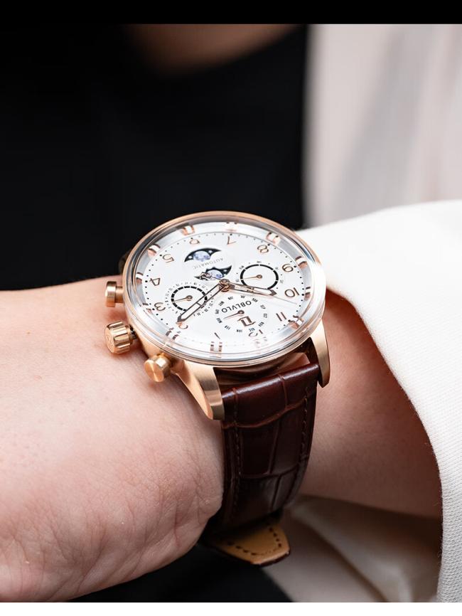 Men’s Round‑Case Chronograph Quartz Watch, Genuine‑Leather Band Business Wrist Watch