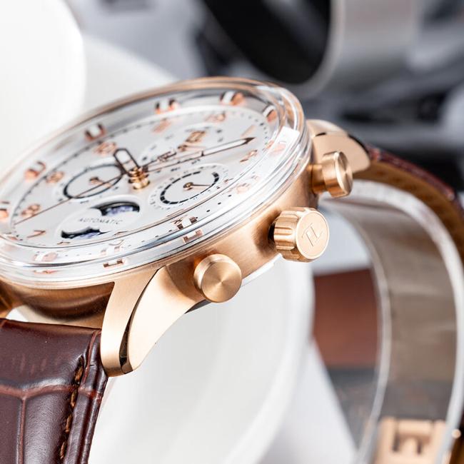 Men’s Round‑Case Chronograph Quartz Watch, Genuine‑Leather Band Business Wrist Watch