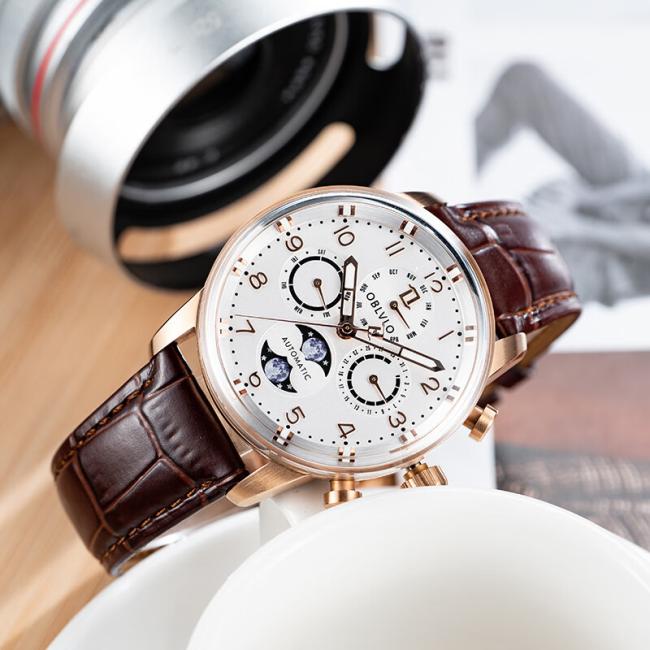 Men’s Round‑Case Chronograph Quartz Watch, Genuine‑Leather Band Business Wrist Watch