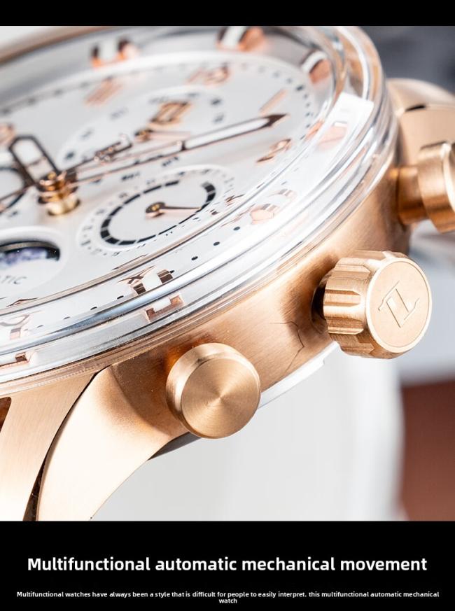 Men’s Round‑Case Chronograph Quartz Watch, Genuine‑Leather Band Business Wrist Watch
