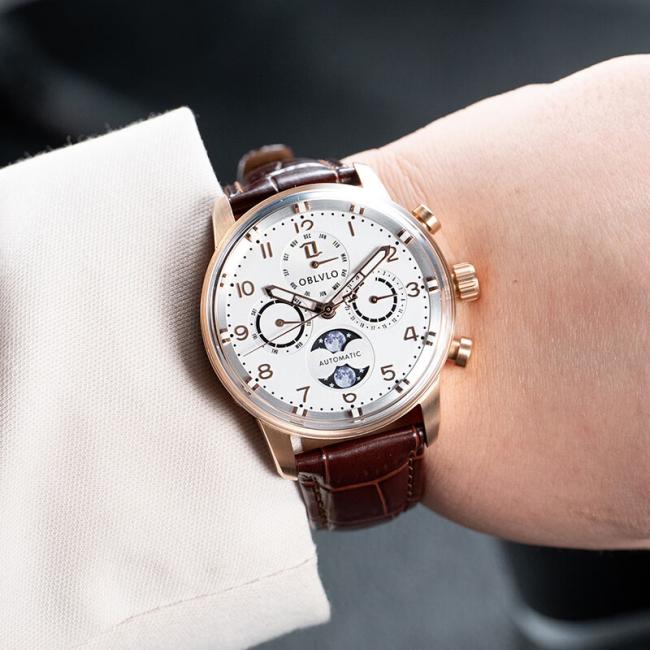 Men’s Round‑Case Chronograph Quartz Watch, Genuine‑Leather Band Business Wrist Watch