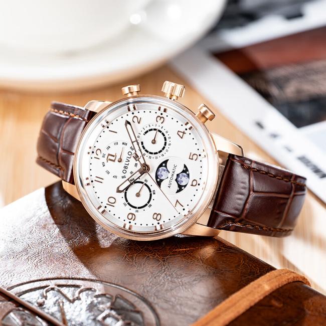 Men’s Round‑Case Chronograph Quartz Watch, Genuine‑Leather Band Business Wrist Watch