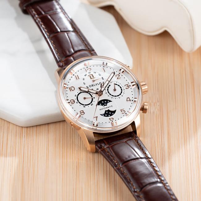 Men’s Round‑Case Chronograph Quartz Watch, Genuine‑Leather Band Business Wrist Watch