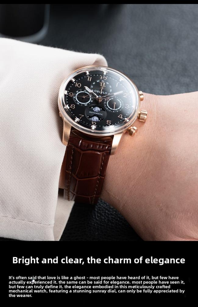 Men’s Round‑Case Chronograph Quartz Watch, Genuine‑Leather Band Business Wrist Watch