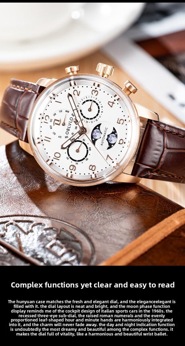 Men’s Round‑Case Chronograph Quartz Watch, Genuine‑Leather Band Business Wrist Watch