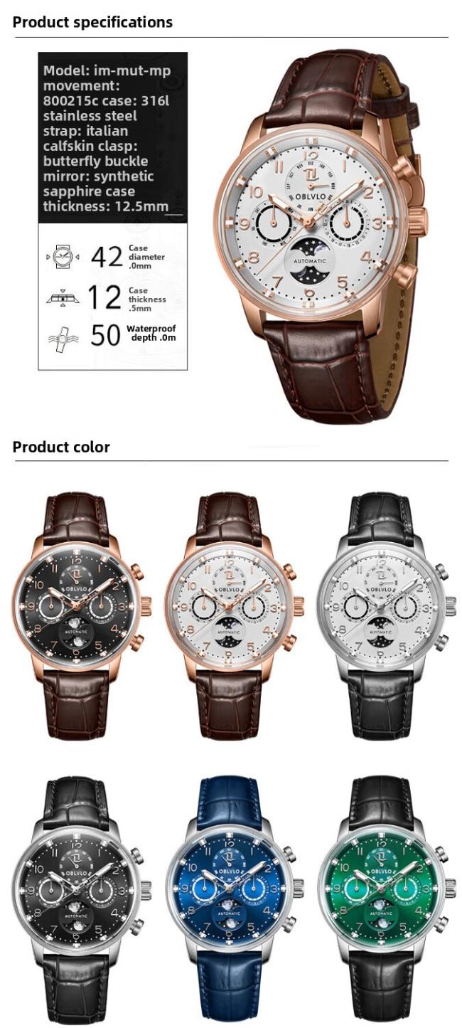 Men’s Round‑Case Chronograph Quartz Watch, Genuine‑Leather Band Business Wrist Watch
