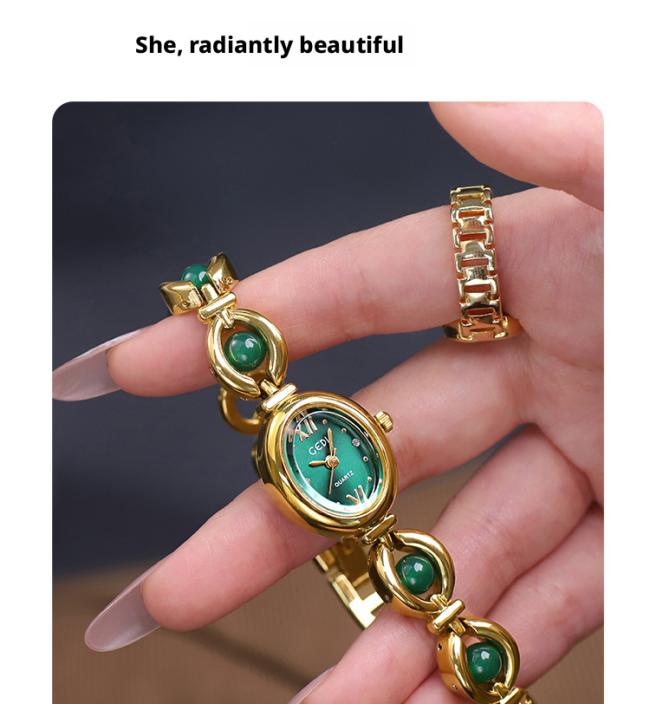 Mini Slim Bracelet Ladies Watch Inlaid Ruby Emerald Gold Dial Delicate Dress Wristwatch For Small Wrist Female