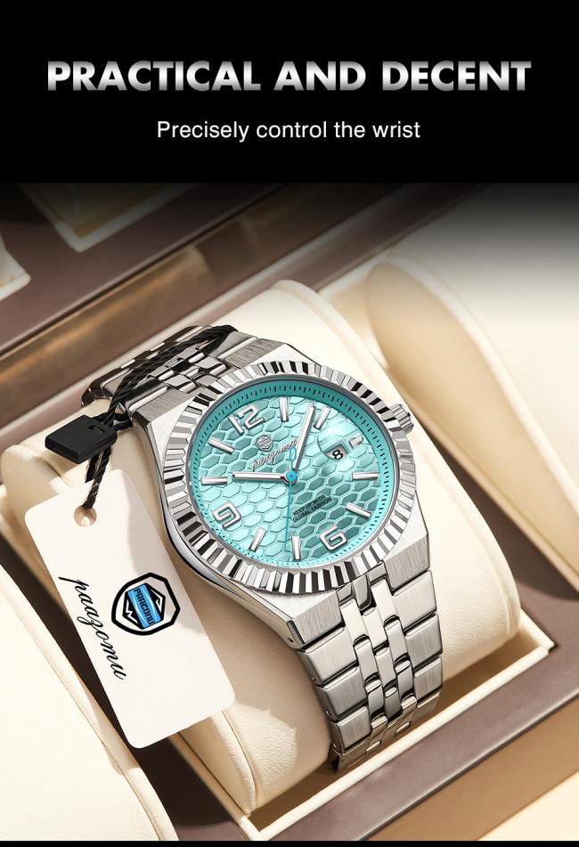 Men Business Automatic Mechanical Watch Blue Honeycomb Dial Stainless Steel Waterproof Luminous Luxury Wrist Watch