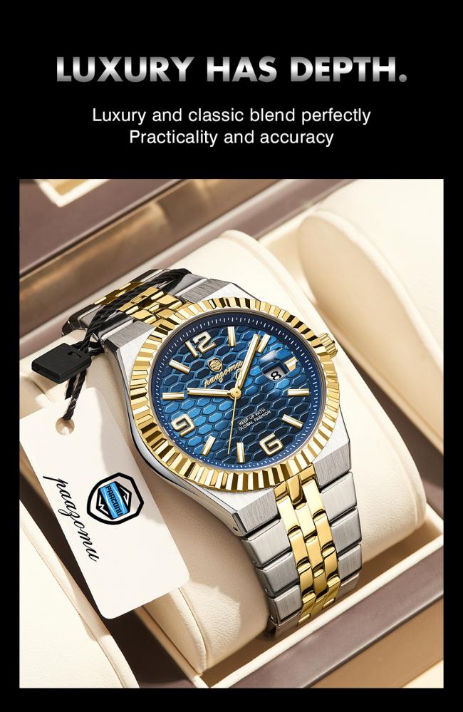 Men Business Automatic Mechanical Watch Blue Honeycomb Dial Stainless Steel Waterproof Luminous Luxury Wrist Watch