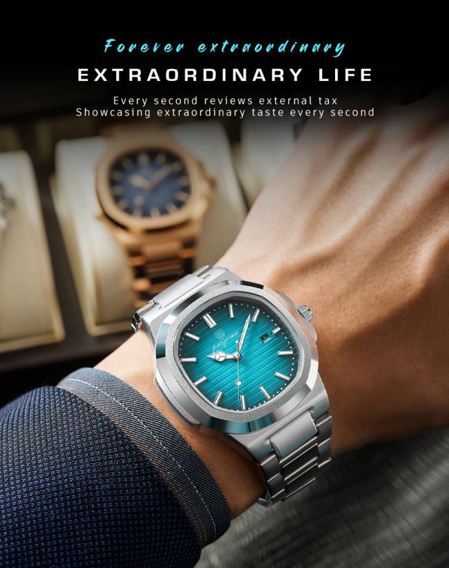 Luxury Square Nautilus Men Automatic Mechanical Watch Tapestry Dial Stainless Steel Bracelet Luminous Date Waterproof Business Wristwatch 5 Colors Available