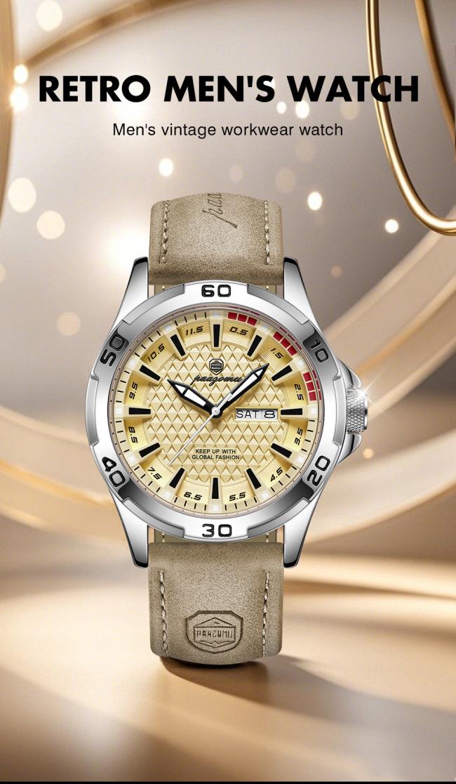 Men Large Dial Vintage Pilot Wrist Watch Multifunction Chronograph Leather Strap Waterproof Business Sports Quartz Watch 3 Color Dials For Men Gift