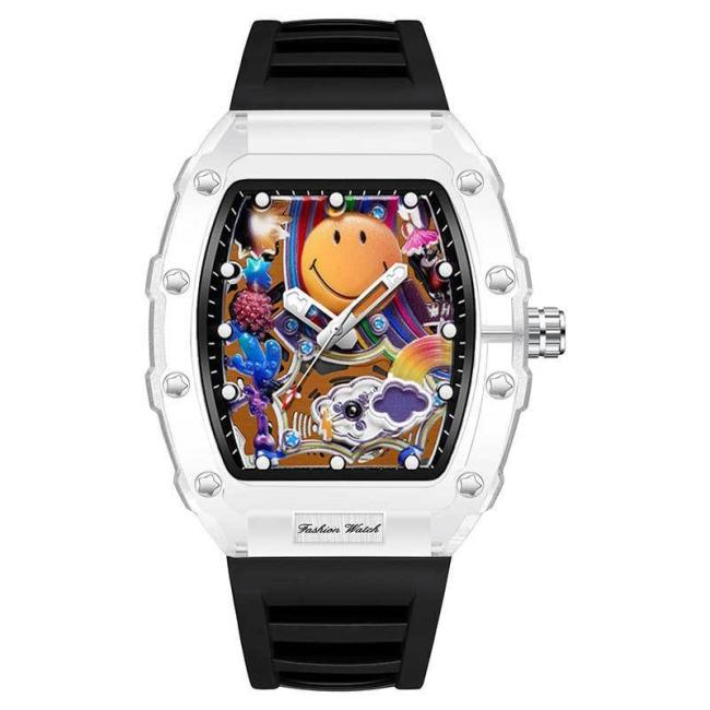 Transparent Tonneau Mechanical Watch Colorful Smiley Face Dial Skeleton Automatic Wristwatch Luxury Hip Hop Men's Sport Watch Rubber Strap Luminous Waterproof Dress Watches