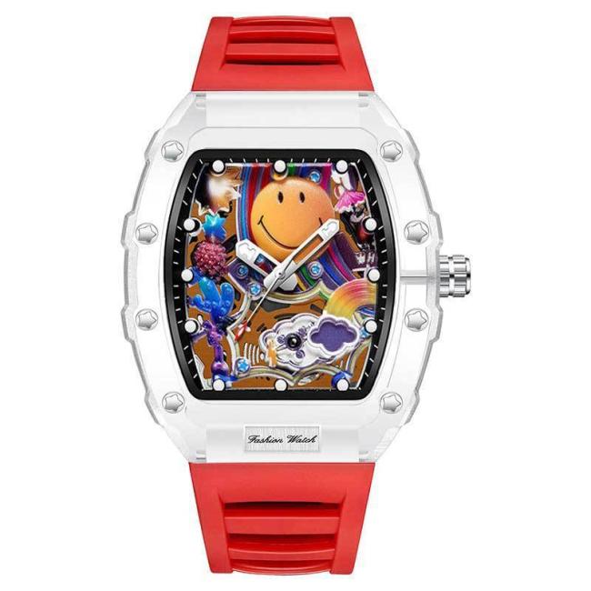 Transparent Tonneau Mechanical Watch Colorful Smiley Face Dial Skeleton Automatic Wristwatch Luxury Hip Hop Men's Sport Watch Rubber Strap Luminous Waterproof Dress Watches