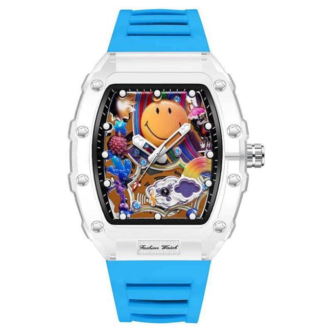 Transparent Tonneau Mechanical Watch Colorful Smiley Face Dial Skeleton Automatic Wristwatch Luxury Hip Hop Men's Sport Watch Rubber Strap Luminous Waterproof Dress Watches