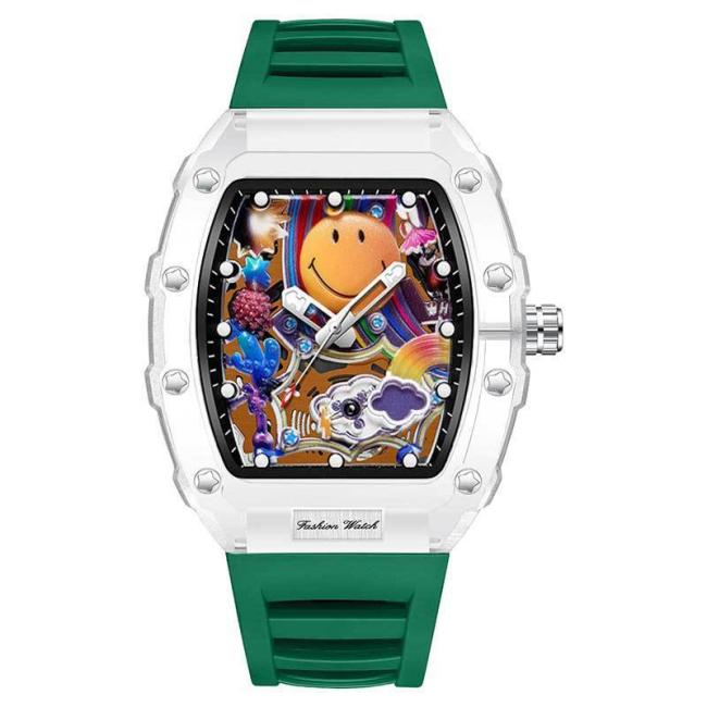 Transparent Tonneau Mechanical Watch Colorful Smiley Face Dial Skeleton Automatic Wristwatch Luxury Hip Hop Men's Sport Watch Rubber Strap Luminous Waterproof Dress Watches