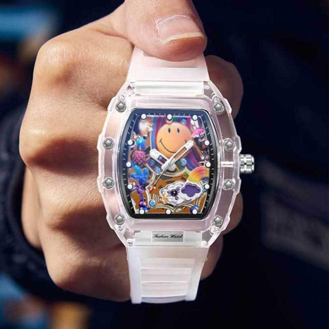 Transparent Tonneau Mechanical Watch Colorful Smiley Face Dial Skeleton Automatic Wristwatch Luxury Hip Hop Men's Sport Watch Rubber Strap Luminous Waterproof Dress Watches