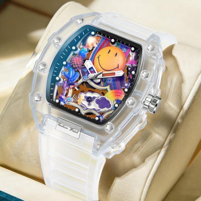 Transparent Tonneau Mechanical Watch Colorful Smiley Face Dial Skeleton Automatic Wristwatch Luxury Hip Hop Men's Sport Watch Rubber Strap Luminous Waterproof Dress Watches