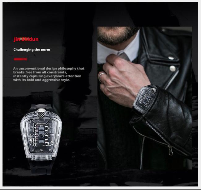 Transparent Tonneau Skeleton Automatic Mechanical Watch Men, Luminous Hollow Dial Sports Wristwatch, Waterproof Rubber Strap Barrel Shape Watch 3 Color Cases